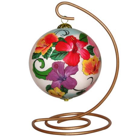 Beautiful Hawaiian Christmas ornament with multi-colored Hibiscus flowers on a stand