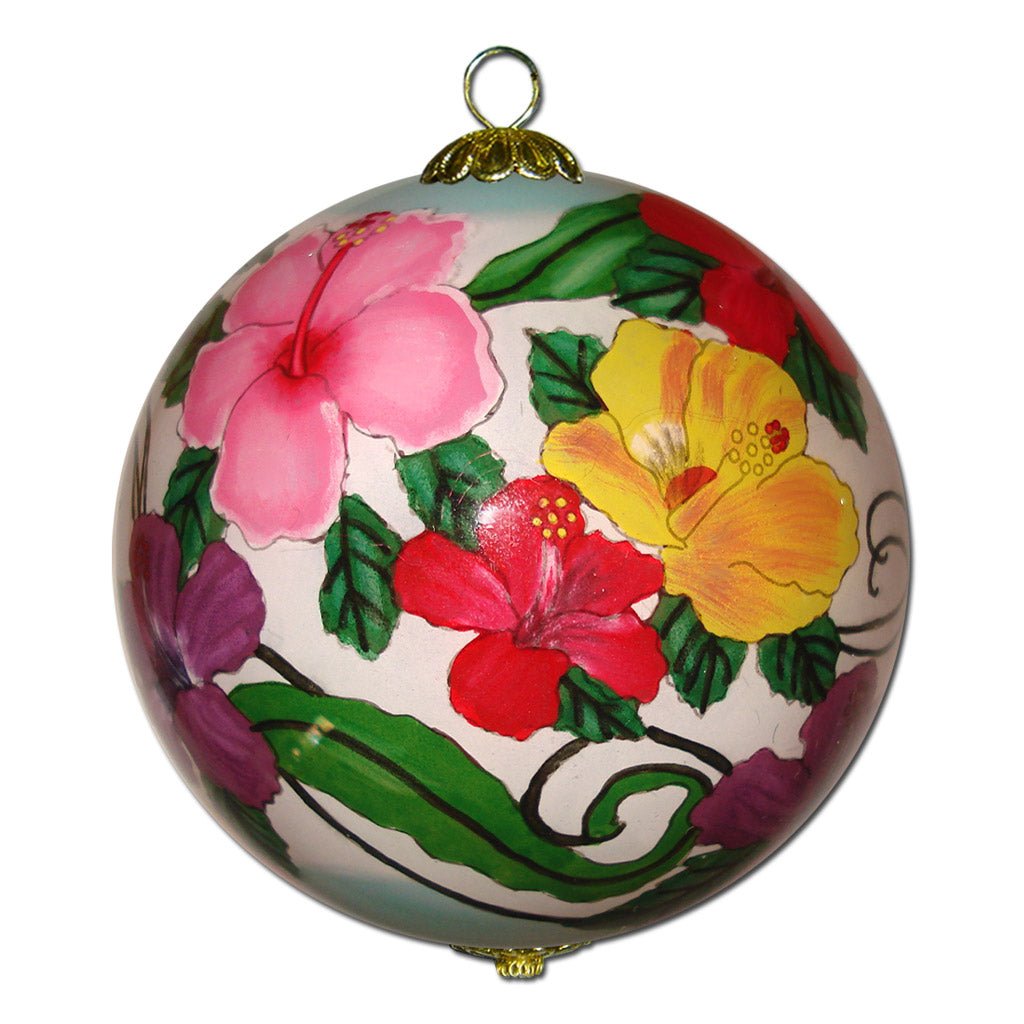 Beautiful Hawaiian Christmas ornament hand painted from the inside with colored Hibiscus flowers