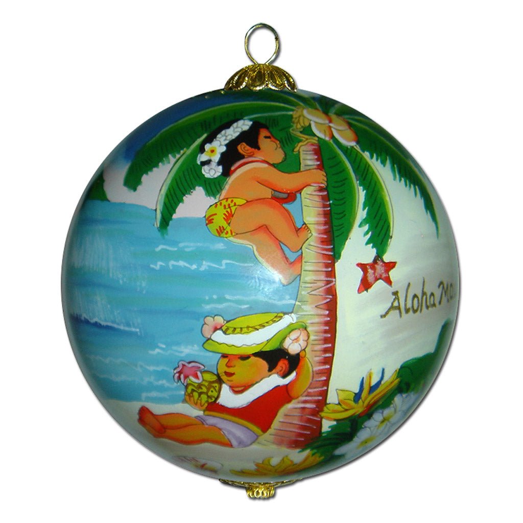 Hawaiian Christmas ornament hand painted with children playing and coconut trees
