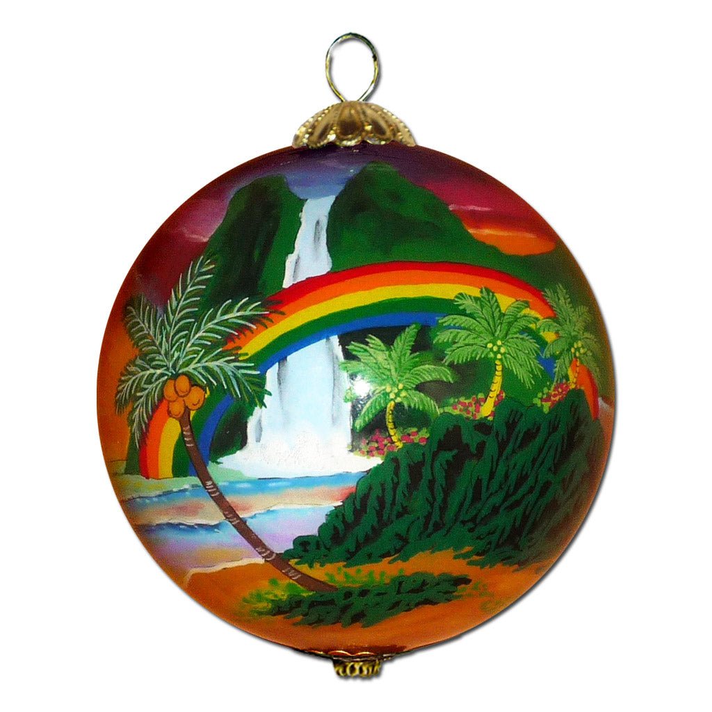 Hawaiian Christmas ornament hand painted with rainbows, waterfalls, and coconut trees