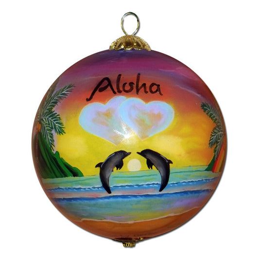 Hawaiian Christmas ornament with dolphins and Hawaii sunset