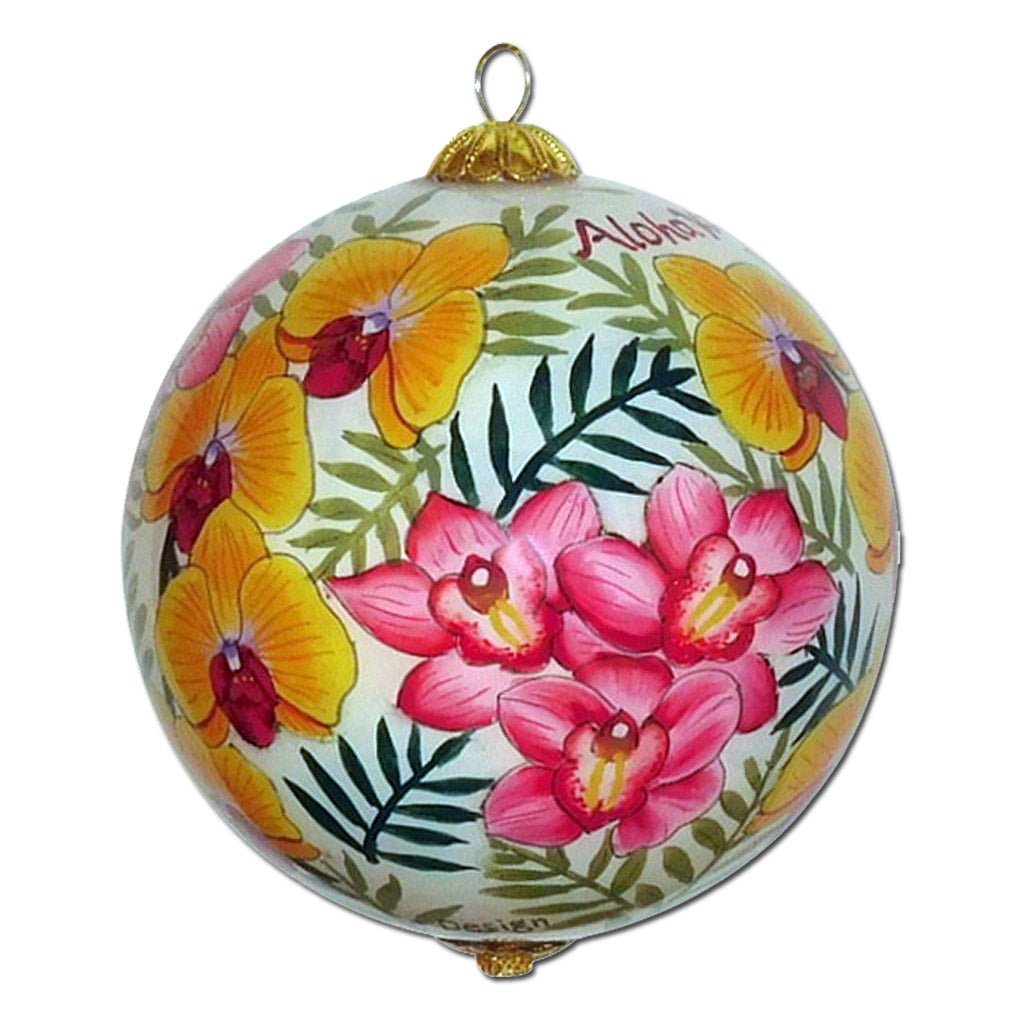 Hand painted Hawaii Christmas ornament with orchids