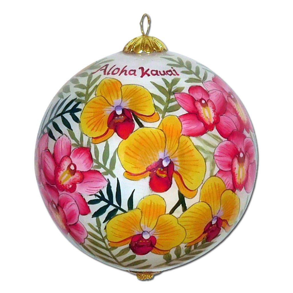 Hawaiian Christmas ornament hand painted with pink and yellow orchids