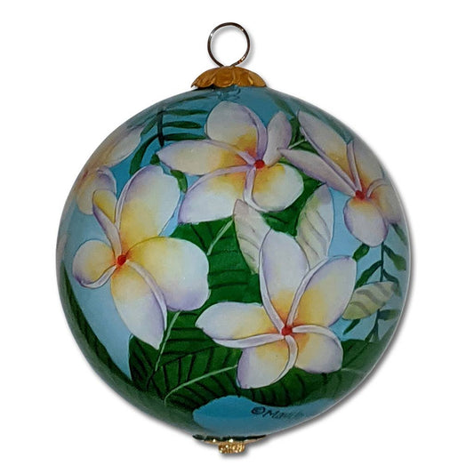 Hand painted Hawaii ornament with white plumeria flowers