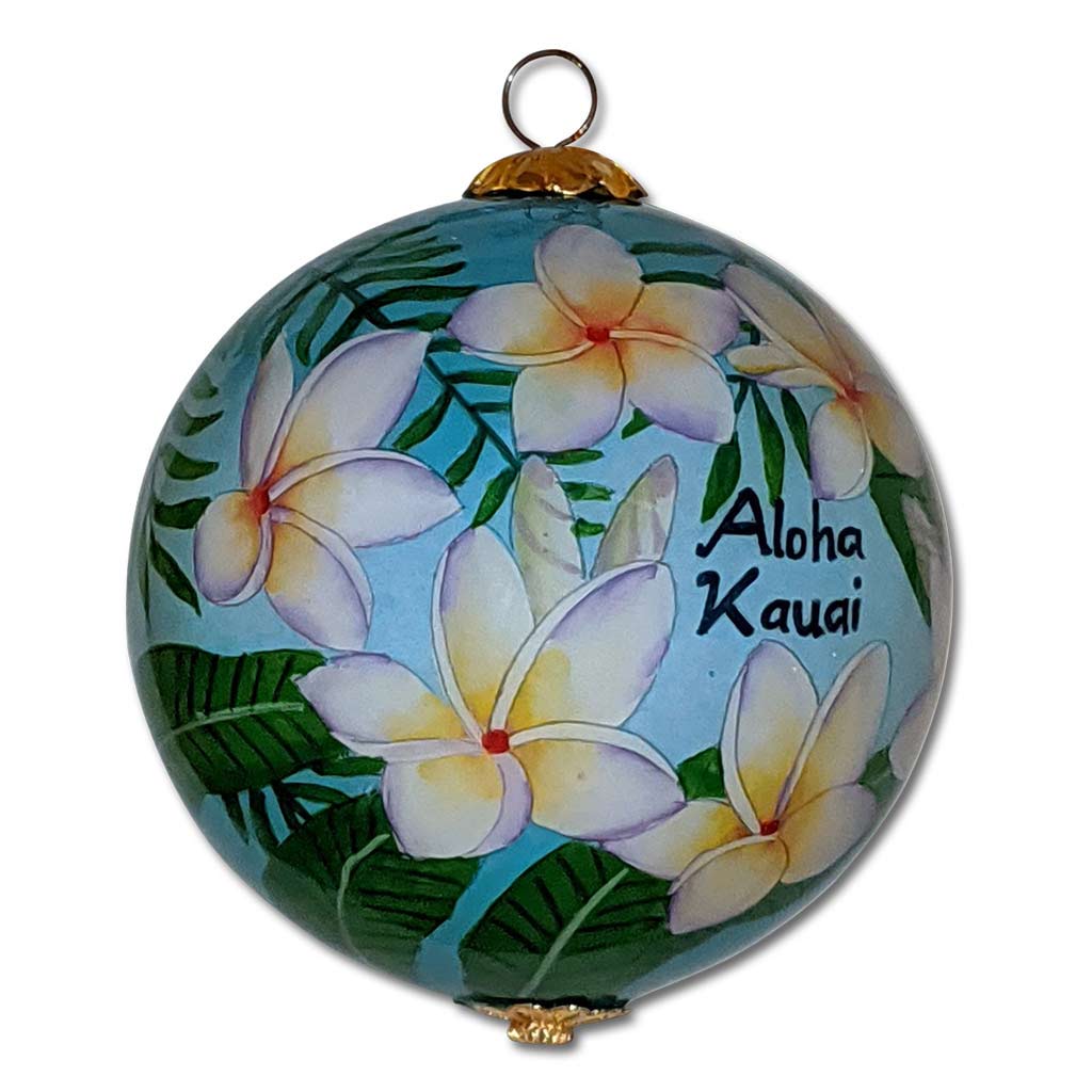 Beautiful Hawaii Christmas ornament hand painted with white plumeria flowers