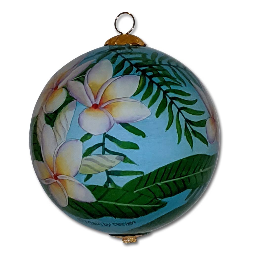 Hawaii Christmas ornament with white plumeria flowers against background of the clear blue sky
