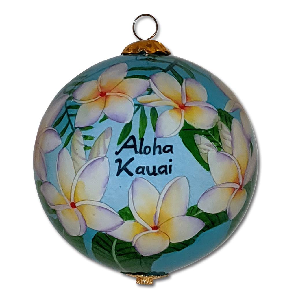 Hawaiian Christmas ornament hand painted with white plumeria flowers