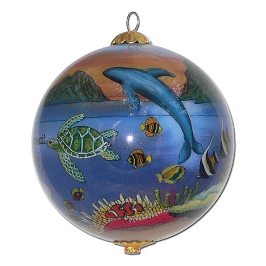 Hawaiian Christmas ornament with humpback whales and honu sea turtles