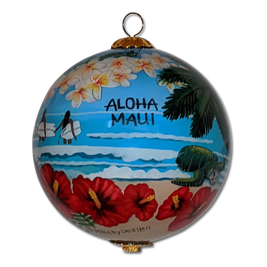 Hawaii ornament with surfers, white plumeria flowers, and red hibiscus flowers
