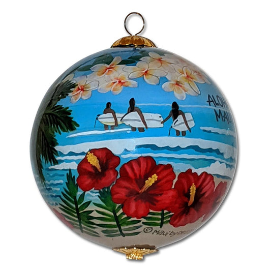 Beautiful Hawaiian Christmas ornament with surfers, white plumeria flowers, and red hibiscus flowers