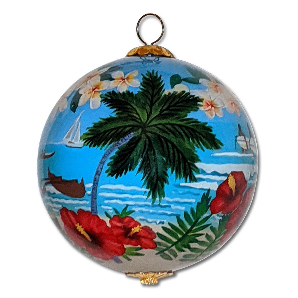Hand painted Hawaii ornament with palm trees, surfers, and plumeria and hibiscus flowers