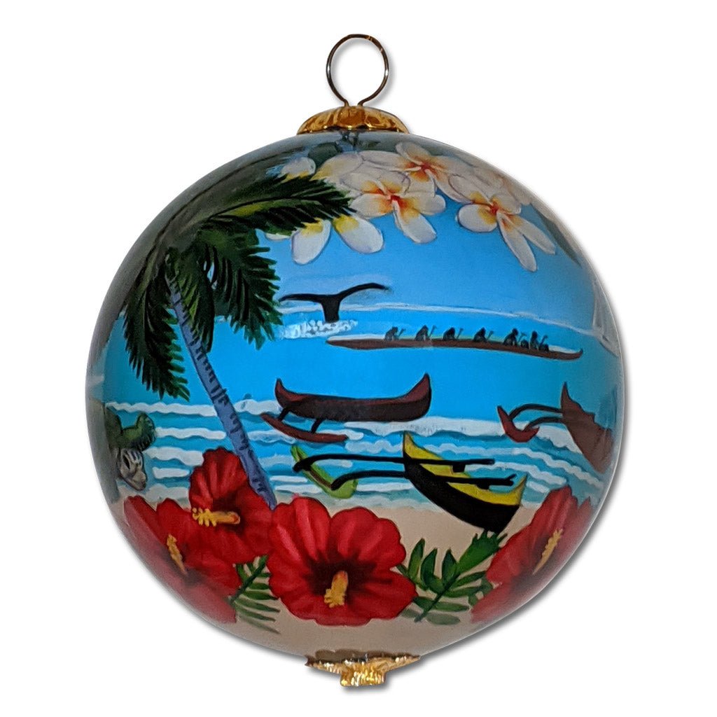 Beautiful Hawaiian Christmas ornament hand painted from the inside with canoe, surfers, honu sea turtles, plumeria and hibiscus flowers