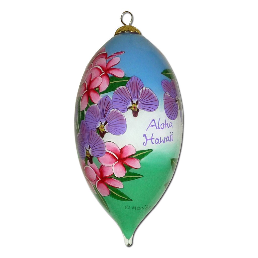 Hawaii Christmas ornament hand painted with orchids and plumeria