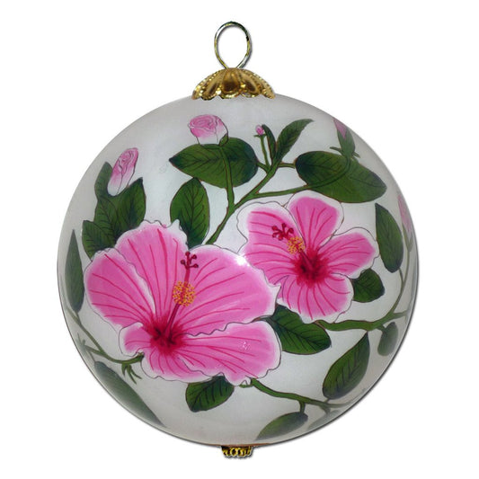 Hawaii Christmas ornament with pink hibiscus and plumeria