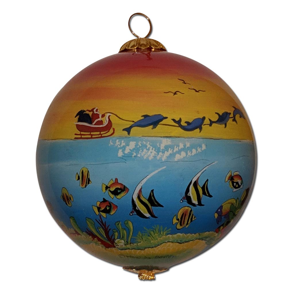 Hawaiian Christmas Ornament with Santa's sled pulled by dolphins